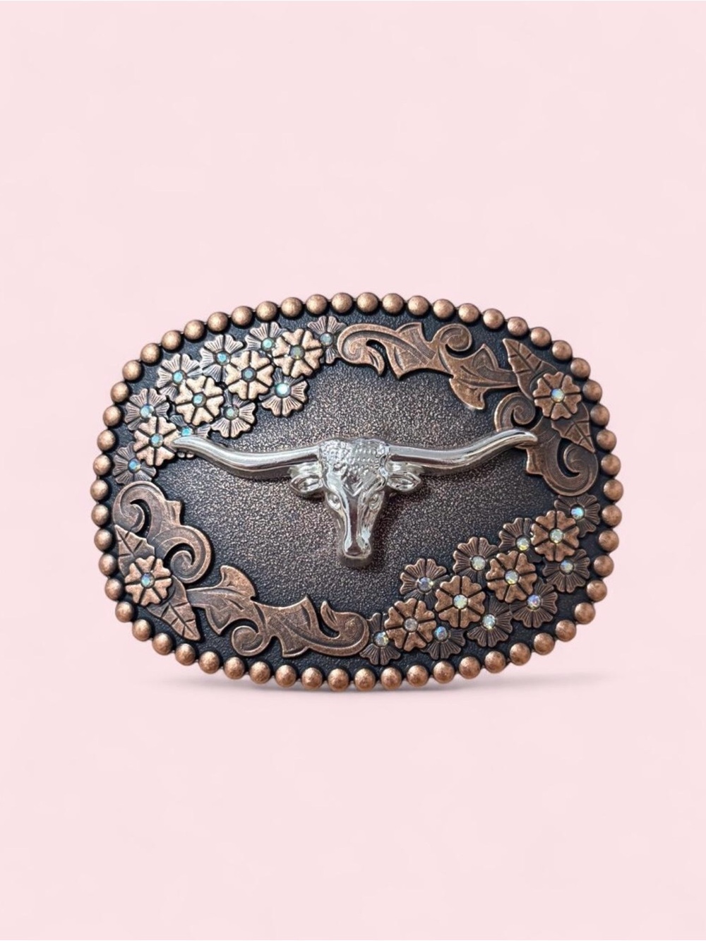 Western Longhorn Floral Belt Buckle in Bronze and Silver